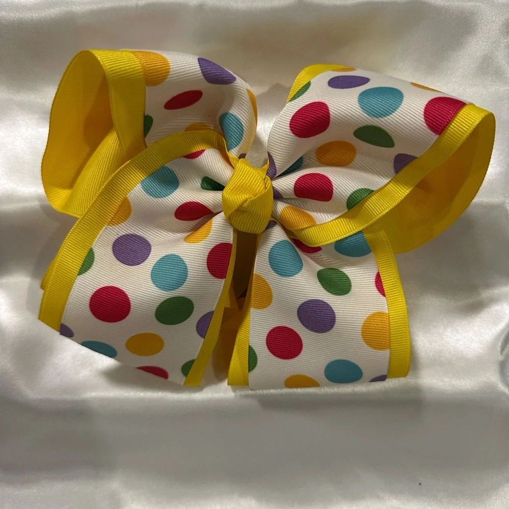 Colorful Polka Dot Mega Hair Bow with Yellow Under Ribbon. Bundle & save on ship